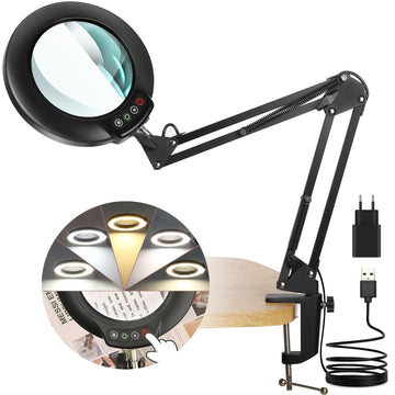 Magnifying Lamp 10x LED 5 Modes Stepless Dimming Adjustable Swivel Arm & Clamp – Black