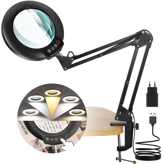 Magnifying Lamp 10x LED 5 Modes Stepless Dimming Adjustable Swivel Arm & Clamp – Black