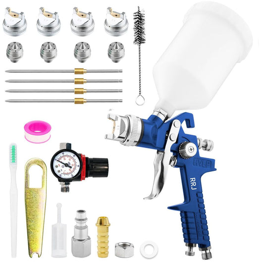 HVLP Paint Spray Gun Kit 4 Nozzles 1.4/1.7/2.0/2.5mm Gravity-Feed 600ml Cup Pressure Gauge – Blue