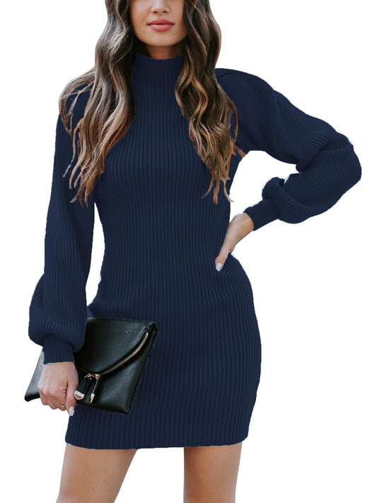 Women's Knit Sweater Mini Dress Long Sleeve High Elasticity – Navy XL - Mixed Box