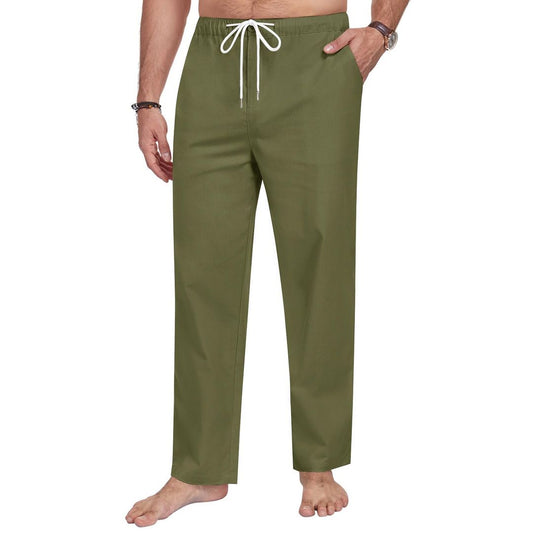 Men's Cotton-Linen Trousers Lightweight Summer Baggy Joggers Elastic Waist Drawstring Pockets