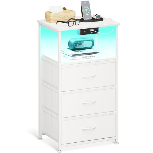 Bedside Table with Power Outlet 2 USB Ports & LED Light Strip – White 40x30x70cm