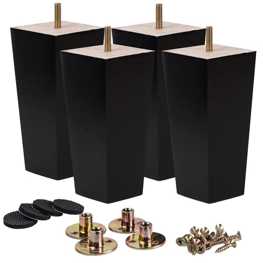 Solid Wood Furniture Legs Pyramid Shape M8 Threaded Bolts & Mounting Plates – Black 20cm
