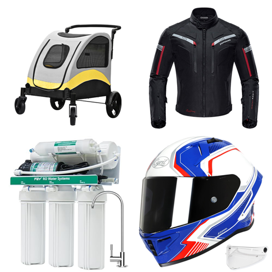 Pallet – Mixed Goods – Dog Stroller, Reverse Osmosis System, Motorcycle Jacket, Helmet, Solar Mount, Cabinet, Desk Armrest, Rainwater Barrel, Storage Shelf, Step Ladder