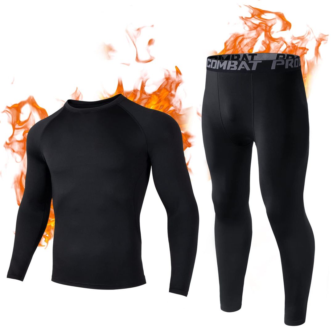 Men's Thermal Fleece Base Layer Set Long Sleeve Top & Tights Breathable Sports – Black