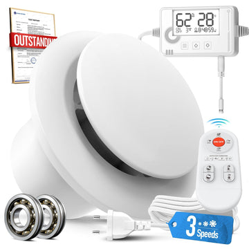 100mm Bathroom Fan 3-Speed Humidity & Temperature Sensor Timer Remote Control Real-Time Display – White P109
