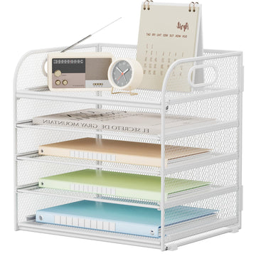 Desk Organizer 5-Tier Letter Tray Stackable A4 File Holders with Handles – White